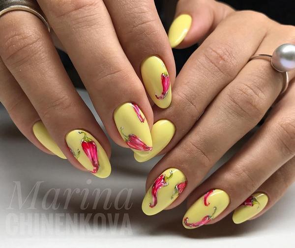 Manicure kuning asli 2024-2025 dalam gaya yang berbeza: perkara baru, idea, trend